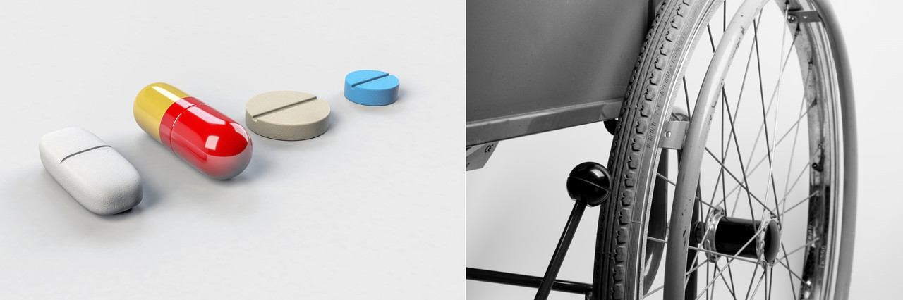 왼쪽에는 알약이 있고, 오른쪽에는 휠체어가 있다. 나의 근육을 ‘바깥으로부터’ 기계와 결합시키는 수단이 휠체어라면, 근이완과 수축의 정도를 ‘내부로부터’ 변화시켜 약물과 결합된 새로운 몸을 만들어나가는 것이 투약이라는 실천일 수 있다.