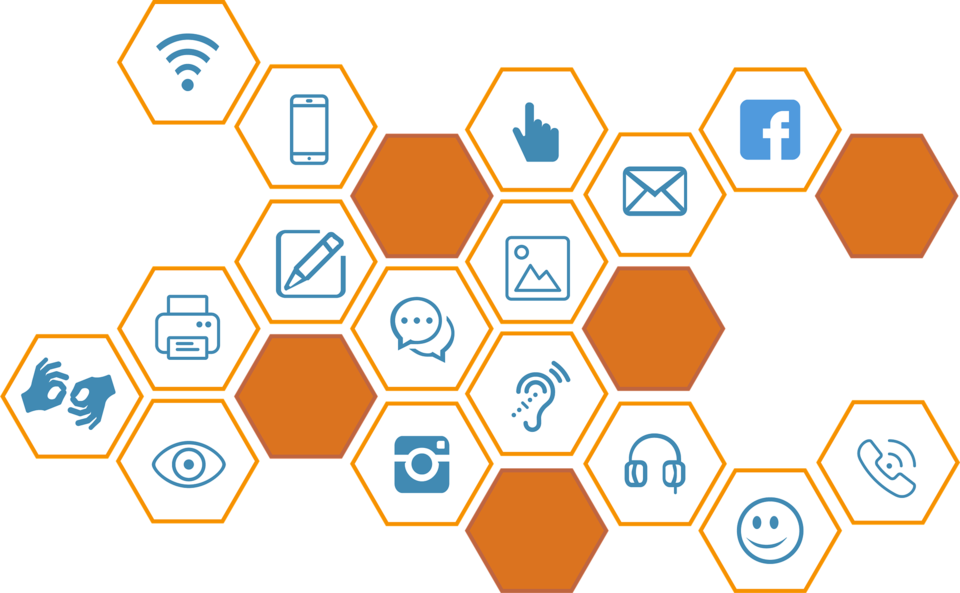 하얀색 바탕에 주황색 육각형이 벌집모양으로 놓여져 있다. 육각형 안에는 와이파이, 모바일, 페이스북, 그림, 사진, 수어, 헤드폰, 눈, 귀 등의 픽토그램이 그려져 있다. 사진 픽사베이