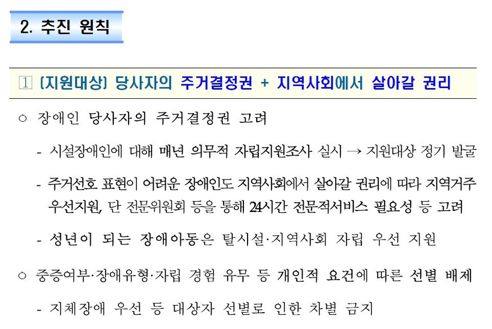 정부는 로드맵의 원칙 중 하나로 장애인 당사자의 주거결정권과 지역에서 살아갈 권리라고 