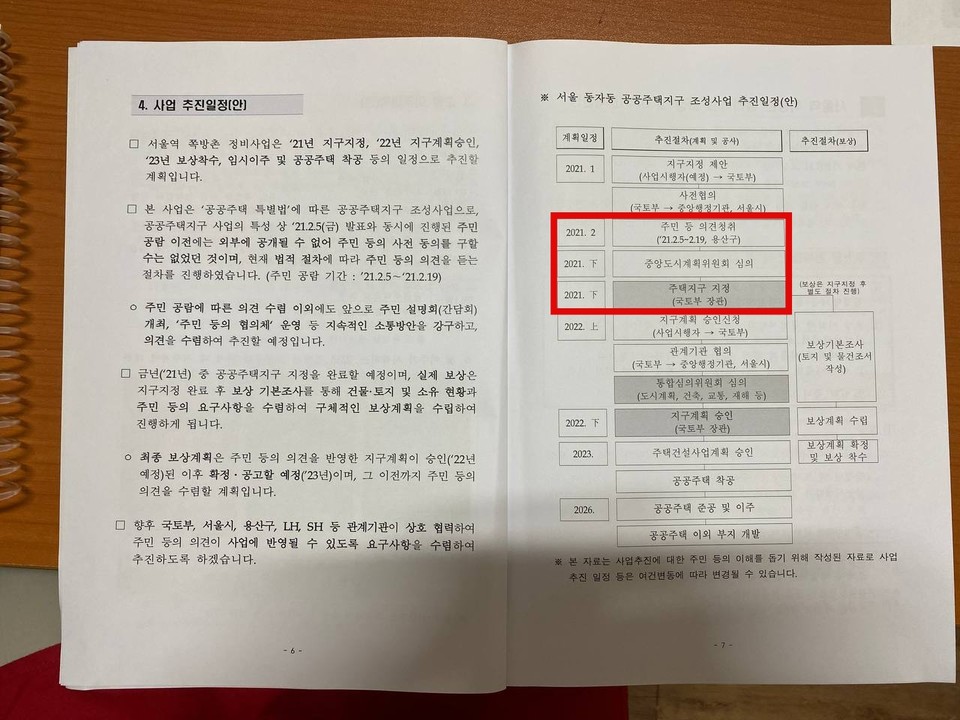 국토부가 쪽방 주민에게 배포한 자료집. 중도위 심의와 국토부 장관의 주택지구 지정이 올해 하반기로 예정돼 있으나 아직 이뤄지지 않았다. 사진 동자동사랑방