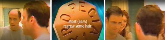 탈모 치료제인 프로페시아(Propecia)에 대한 1998년 미국 광고. 자신의 탈모를 걱정하는 광고 속 남성은 프로페시아를 복용하고 나서 ‘남성’으로서의 자신감을 되찾는 것으로 묘사된다. 탈모에 대한 약제 치료는 사회의 차별적 시선을 바꾸려는 움직임을 차단하고, 오로지 스스로의 몸을 그 차별적 구조에 맞추어 변형시키려는 ‘기만적’ 행위인가? 사진은 프로페시아 광고 갈무리(https://www.youtube.com/watch?v=LXhV6Ku52Pw)