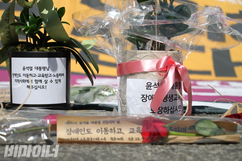 윤석열 대통령 취임식을 축하하는 화분들 앞에 빨간 장미꽃들이 떨어져 있다. 사진 이슬하