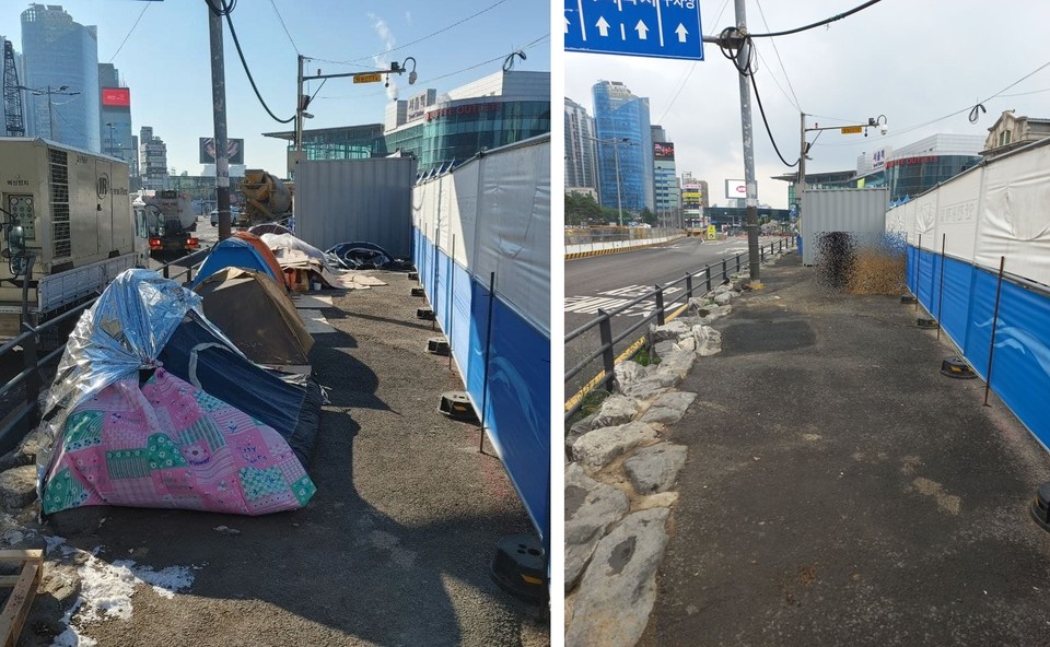 서울역 2번 출구 인근 ‘노숙 텐트 및 물품 철거’ 전후 사진. 왼쪽은 2022년 1월 12일에 촬영한 사진, 오른쪽은 2022년 6월 9일에 촬영한 사진이다. 모자이크로 가려진 곳은 텐트 한 동이 설치된 모습. 사진 홈리스행동 제공 