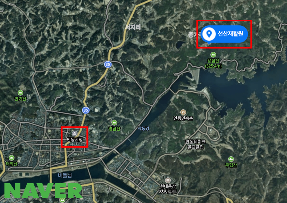 선산재활원은 용점산 산자락 아래에 있다. 안동시청에서는 차로 10분 정도 소요된다. 사진 네이버지도 갈무리