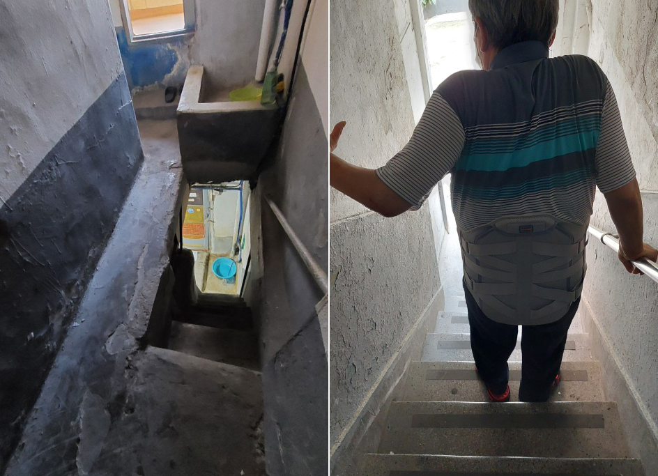 (왼쪽) 창신동 쪽방의 모습. 어깨를 비틀어야 올라갈 수 있는 좁고 가파른 계단이 있다. 복도는 좁은데다 아래층 계단 사이엔 난간도 없어 추락 우려가 크다. (오른쪽) 지난겨울 빙판이 된 세면장에서 넘어져 엉덩이뼈가 부러진 남대문로5가 쪽방 주민 박아무개 님의 뒷모습. 사진 이동현