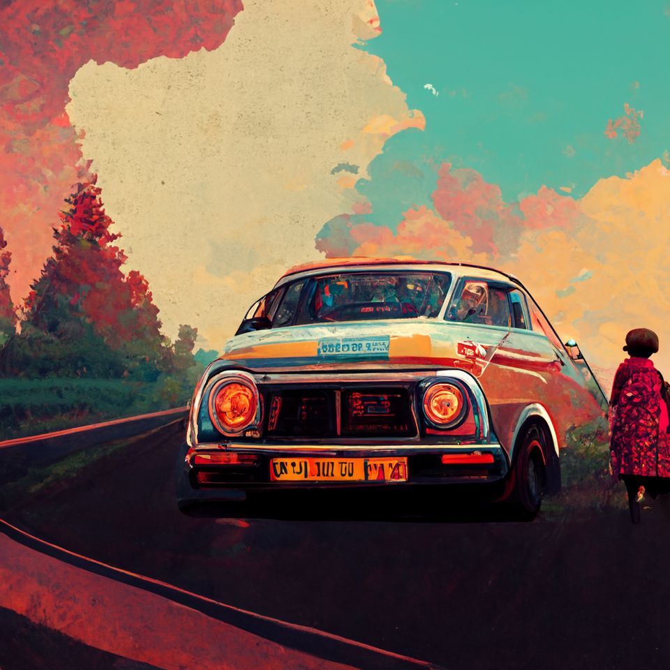 전체적으로 붉은빛이 도는 그림, 구름이 많이 낀 파란 하늘 아래 도로 위에 차 한 대가 서 있고, 그 옆에는 긴 원피스를 입은 사람 한 명이 서 있다. Midjourney bot 생성. 프롬프팅 안희제. 