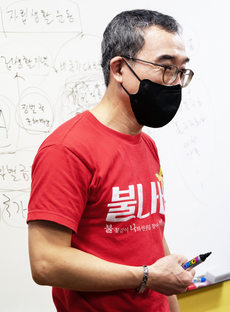 지난 8월 25일, 인천 민들레 ‘불나비’ 회원들과 장애인운동 세미나를 하고 있는 문상민 활동가. 사진 현다혜 