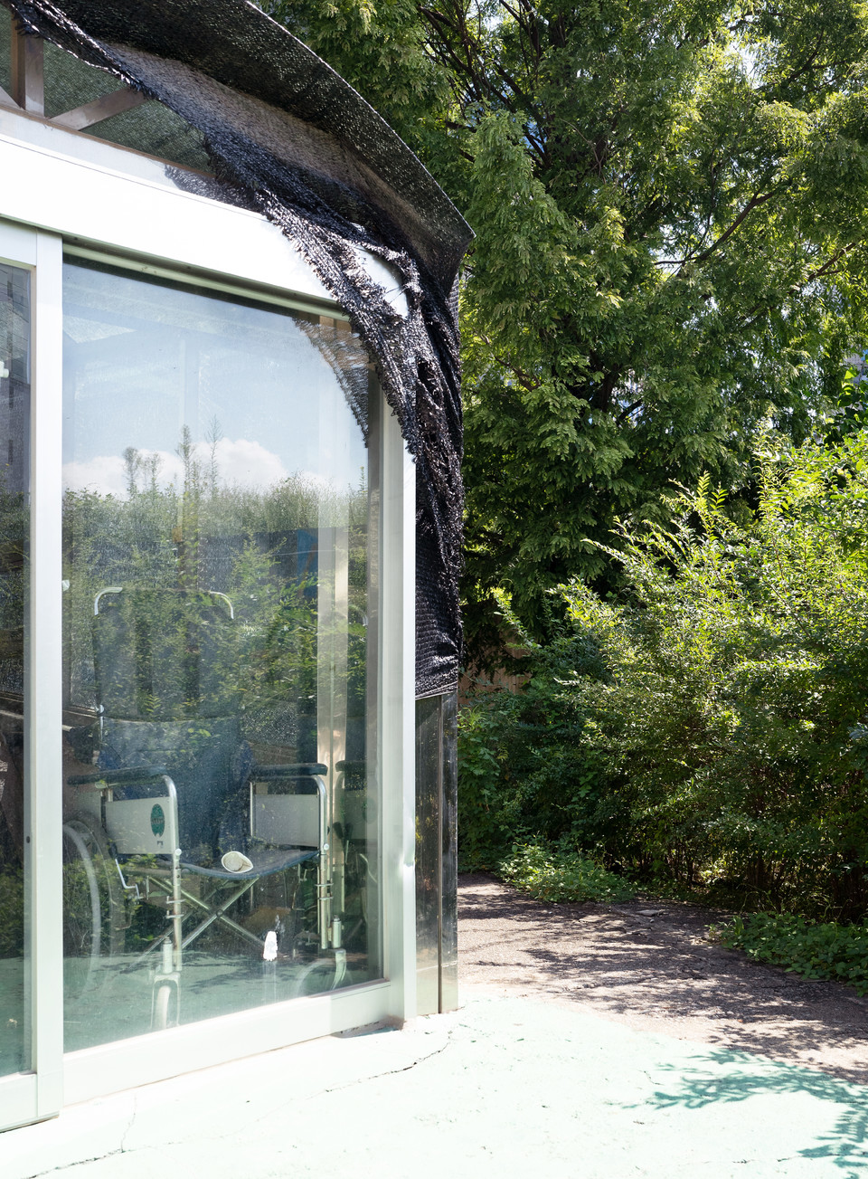 이제는 아무도 살지 않는 텅 빈 향유의집. 투명한 유리문 안에 수동휠체어가 놓여 있다. 사진 현다혜