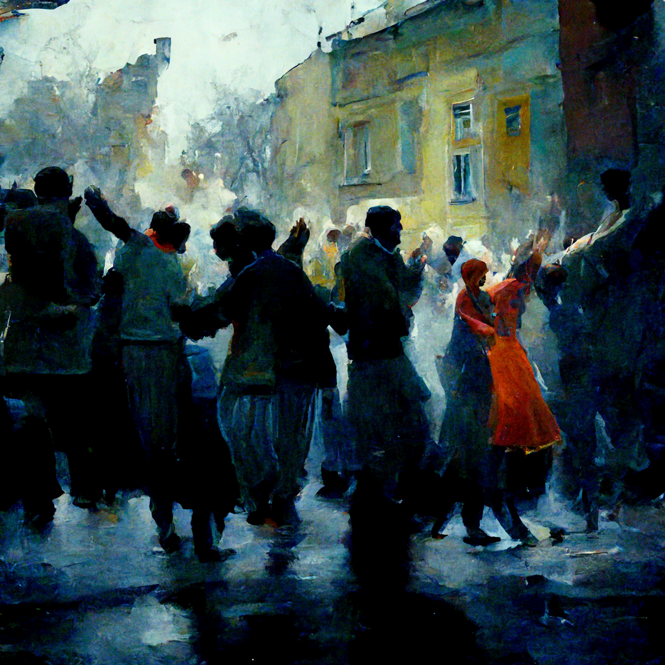 전체적으로 어둡고 축축한, 물에 번진 듯한 배경 속에서 사람들이 거리에 가득 모여 춤을 추고 있다. Midjourney bot 생성. 프롬프팅 안희제