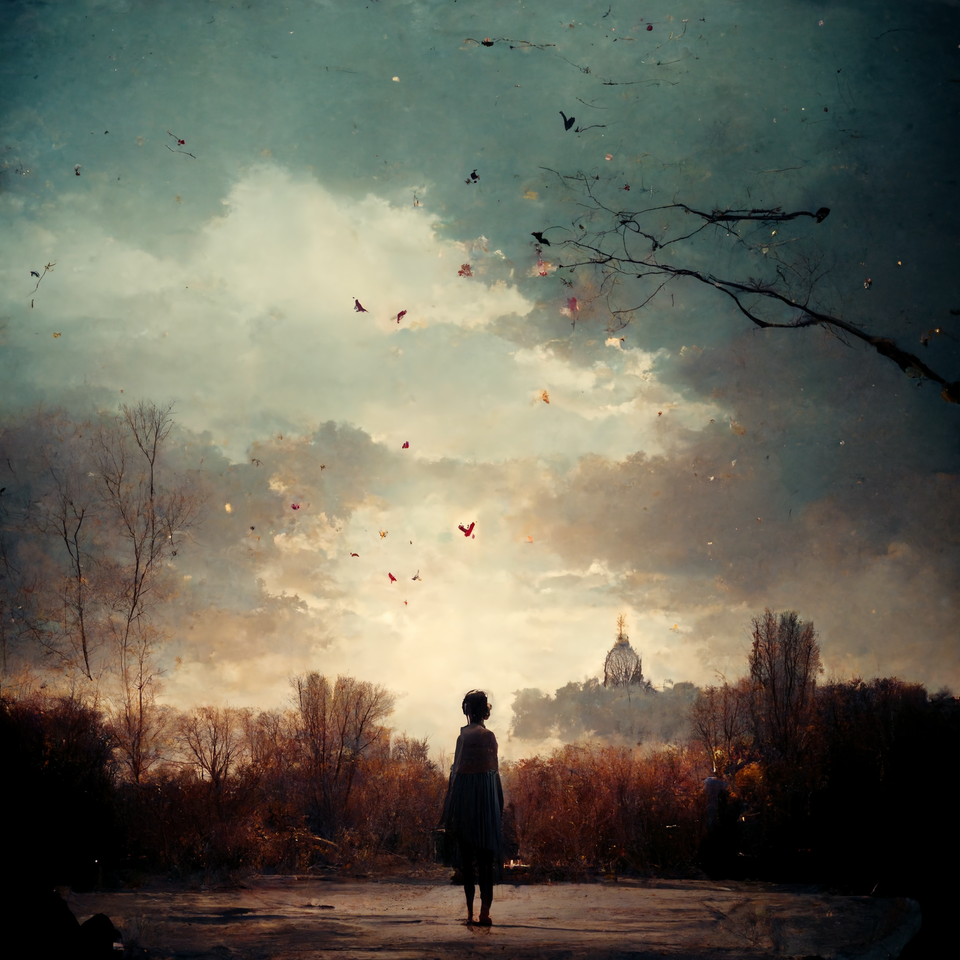 구름 낀 밝은 하늘 아래 마른 가지들이 가득한 길 위에 헝클어진 머리를 한 사람이 홀로 서서 허공을 바라본다. Midjourney bot 생성. 프롬프팅 안희제