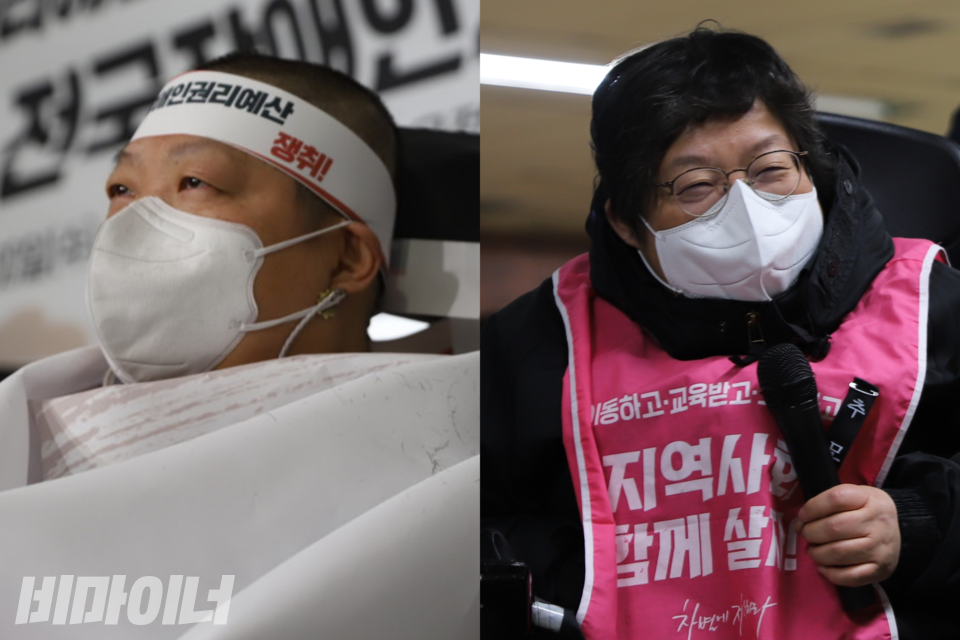 왼쪽은 3월 30일 삭발결의식 현장 사진이다. 이형숙 회장이 삭발 직후 먼 곳을 응시하고 있다. 오른쪽은 12월 1일 투쟁문화제 현장 사진이다. 이형숙 회장의 곱슬머리가 많이 자랐다. 사진 강혜민(왼쪽), 하민지(오른쪽)