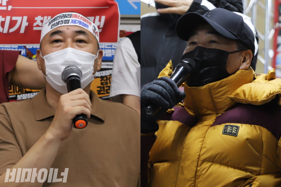 왼쪽은 8월 5일 삭발결의식 현장 사진이다. 김병관 소장이 삭발 직후 소감을 말하고 있다. 오른쪽은 12월 1일 투쟁문화제 현장 사진이다. 겨울이 되어 김병관 소장이 두꺼운 외투를 입고 장갑을 꼈다. 사진 비마이너DB(왼쪽), 하민지(오른쪽)