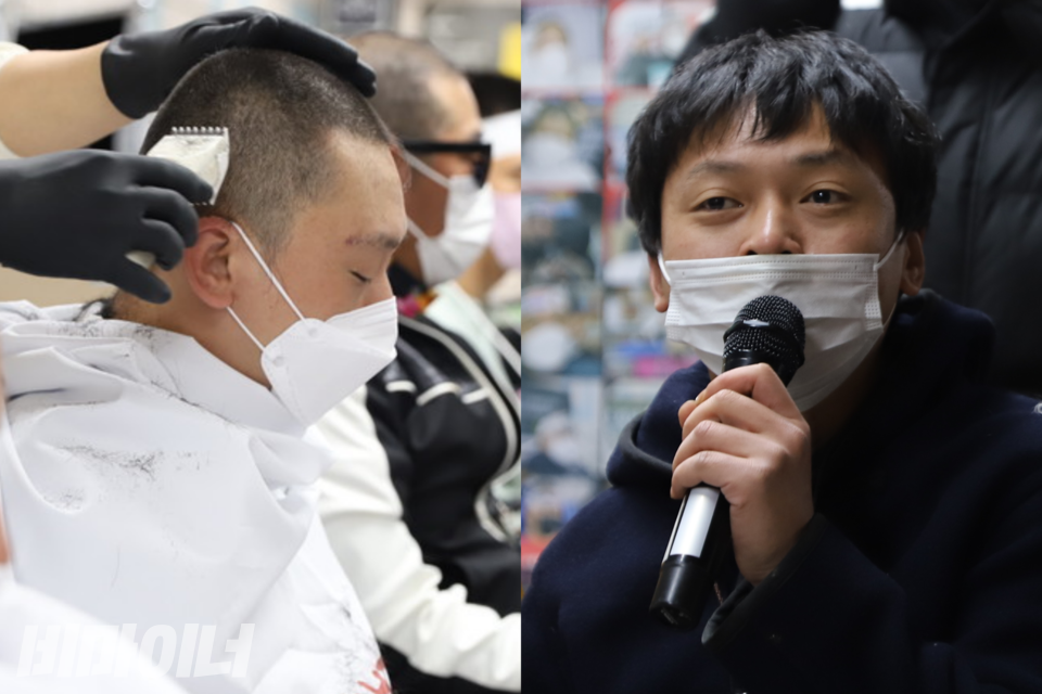 왼쪽은 5월 31일 삭발결의식 현장 사진이다. 김솔 회장이 삭발 중 두 눈을 감고 있다. 오른쪽은 12월 1일 투쟁문화제 현장 사진이다. 김솔 회장의 머리카락이 많이 자랐다. 사진 강혜민(왼쪽), 하민지(오른쪽)