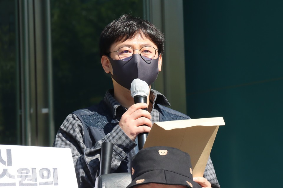 오대희 노조 지부장이 발언하고 있다. 사진 하민지