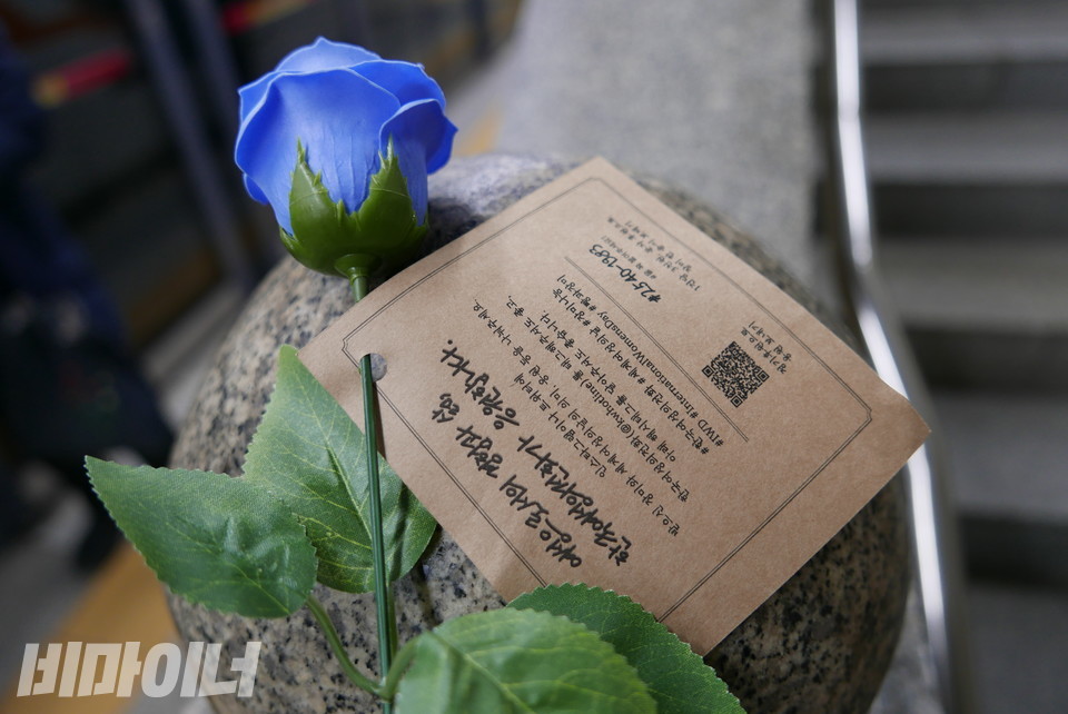 푸른 장미꽃. 쪽지에 “여성으로서의 경험과 삶, 한국여성의전화가 응원합니다”라고 적혀 있다. 사진 양유진