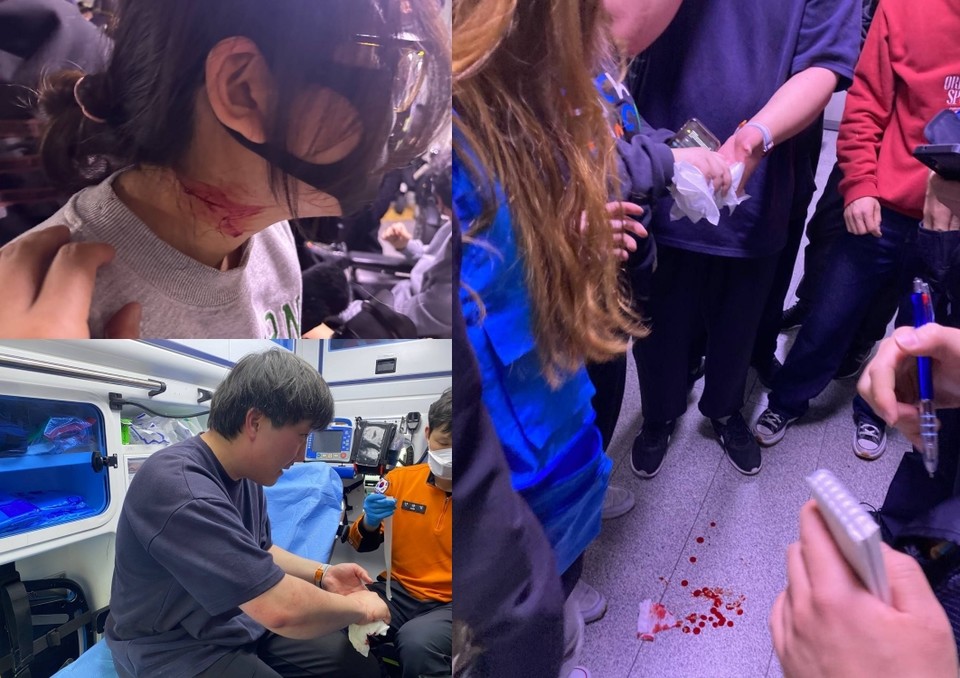 장호경 영상활동가의 목 피부가 찢어져 피가 흐르고 있다(좌측 상단). 이정한 한자협 활동가가 손가락이 찢어져 구급차에 탑승했다(좌측 하단). 이 활동가의 손에서 피가 흘러 바닥에 떨어졌다(우측). 사진 서울장차연, 서울시협의회