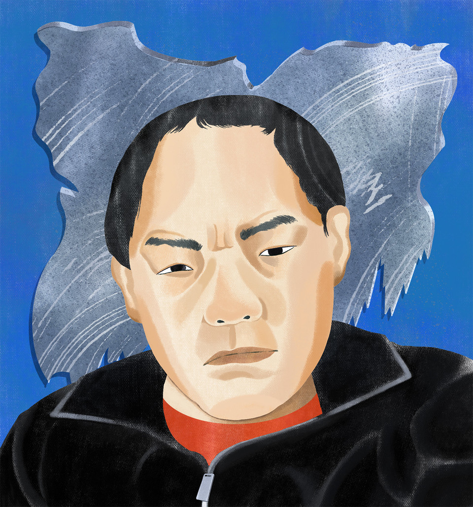 이규식 일러스트. 미간에 잔뜩 힘을 준 이규식의 눈매가 날카롭다. 빨간 티셔츠에 검은 재킷을 입고 있으며, 뒤에는 그의 휠체어 철판을 닮은 회색 배경이 펼쳐져 있다. 그것은 이리저리 날카롭게 긁혀 있다. 일러스트 훗한나  