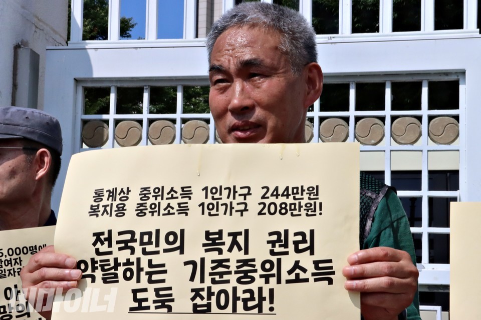 홈리스야학 학생 꺽쇠 씨가 땀을 흘리며 “통계상 중위소득 1인 가구 244만 원, 복지용 중위소득 1인 가구 208만 원! 전 국민의 복지 권리 약탈하는 기준중위소득 도둑 잡아라!”라고 적힌 피켓을 들고 있다. 피켓에 적힌 중위소득은 올해를 기준으로 한다. 사진 하민지