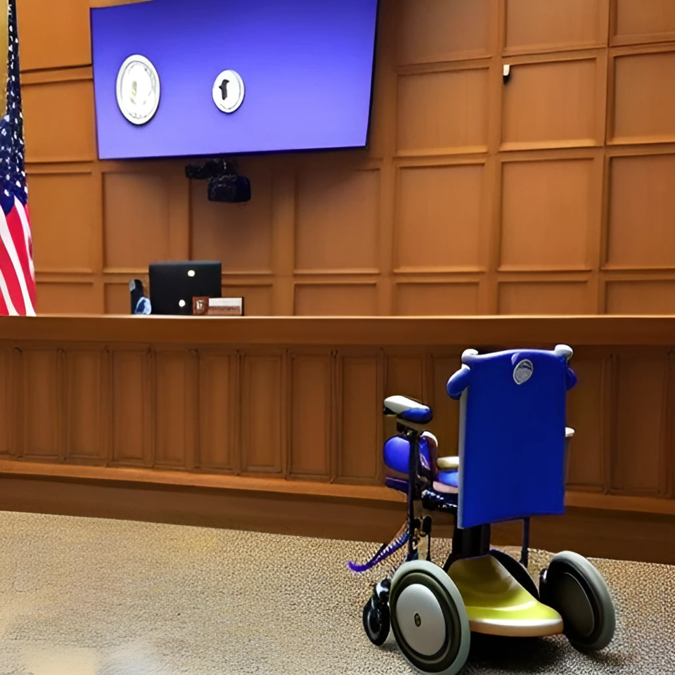 왼쪽에는 미국 국기가 보인다. 재판장 자리 앞에 작은 휠체어가 하나 있다. 이 이미지는 카카오브레인의 이미지 생성 AI ‘칼로2.0’으로 제작했다. 