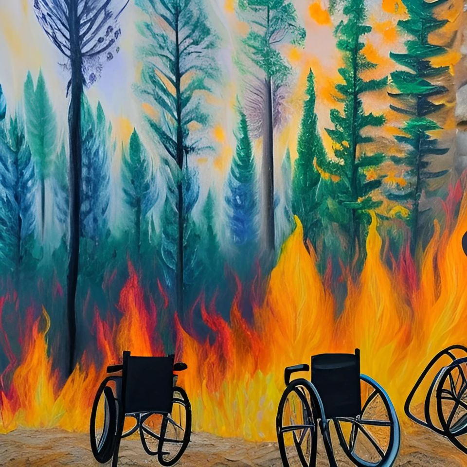 산이 불타고 있다. 그 앞에 휠체어 몇 대가 놓여 있다. 이 이미지는 카카오브레인의 이미지 생성 AI ‘칼로2.0’으로 제작했다.