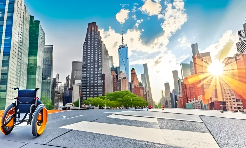 높은 빌딩들이 에워싼 도로 위에 휠체어 한 대가 있다. 이 이미지는 카카오브레인의 이미지 생성 AI ‘칼로2.0’으로 제작했다.