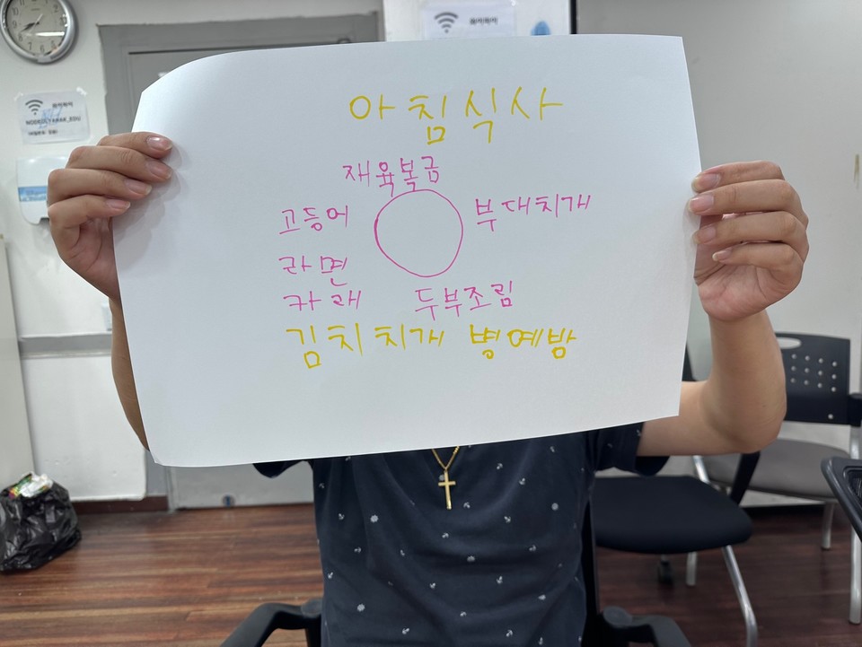 자신이 먹고 싶은 ‘아침 밥상’을 그렸다. 동그란 밥상 주변으로 제육볶음, 부대찌개, 두부조림, 김치찌개, 카레, 라면, 고등어 등이 적혀 있다. 이러한 건강한 아침 밥상이 병 예방에 좋다며 ‘병 예방’이라는 단어도 적혀 있다. 사진 노들야학