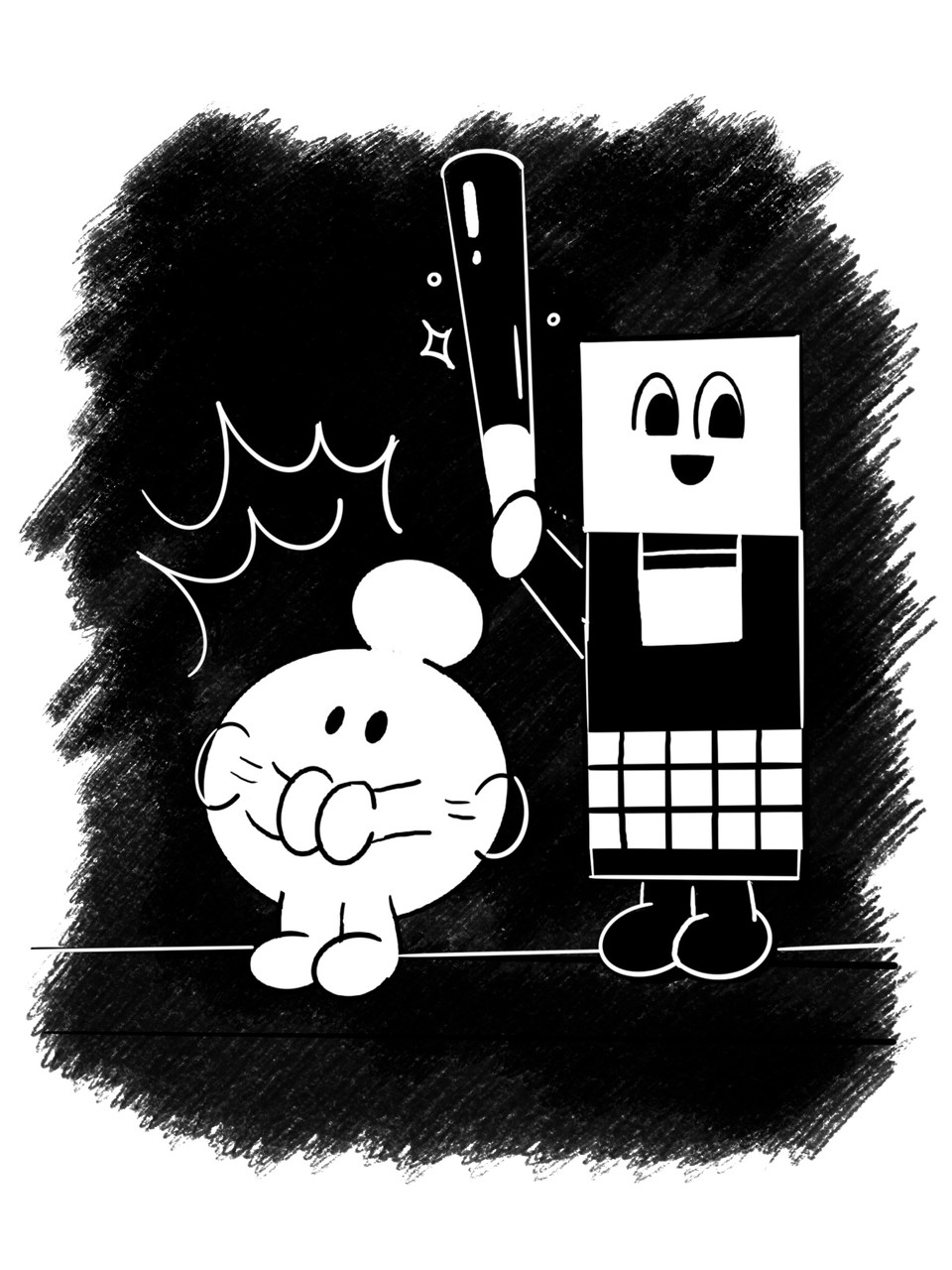 박수와 경광봉을 통한 안내원의 위치 알림: 흑백 일러스트. 어두운 배경에 의인화된 두 캐릭터가 서 있다. 좌측의 동그란 캐릭터는 박수를 치고, 우측의 각진 캐릭터는 밝은 표정으로 경광봉을 흔들고 있다. ©오늘의풍경