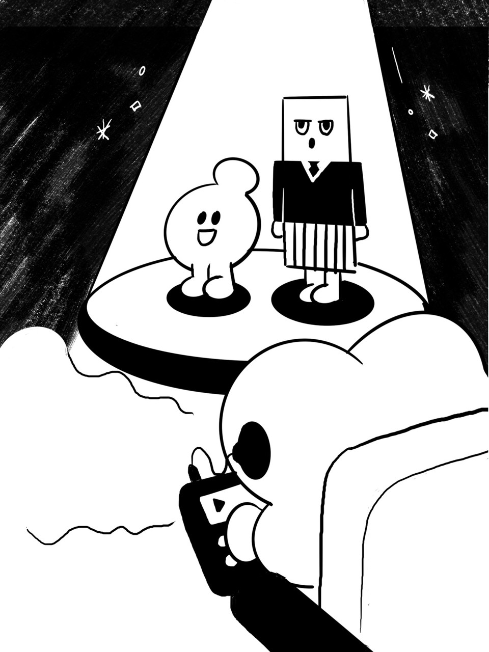 폐쇄형 음성해설로 무대 바라보기: 흑백 일러스트. 핀 조명이 떨어지는 무대에 두 명의 인물이 서서 공연을 하고 있고, 관객석의 관객은 귀에 수신기를 꼽은 채 음성해설을 들으며 공연을 보고 있다. ©오늘의풍경