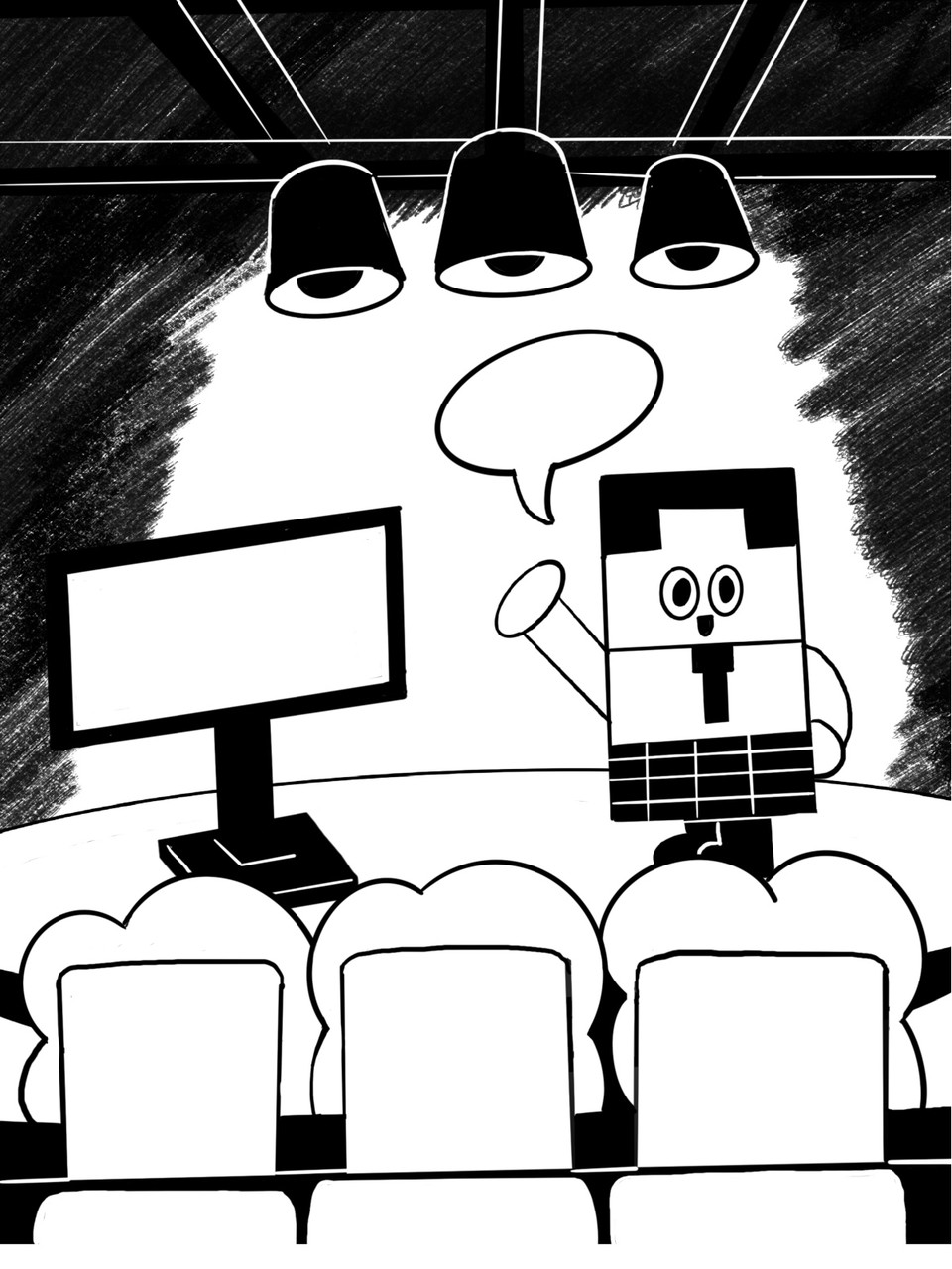 문자해설이 있는 무대: 흑백 일러스트. 조명이 비치는 무대 가운데에 인물 캐릭터가 있고, 말풍선이 보인다. 그 왼편에는 자막해설용으로 설치된 네모난 스크린이 위치해 있다. 올록볼록한 캐릭터들이 관객석에서 무대를 바라보고 있다. ©오늘의풍경