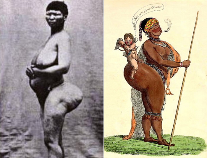 코이코이족 여성과 ‘호텐토트의 비너스’ 홍보 이미지. 사진 출처 위키피디아