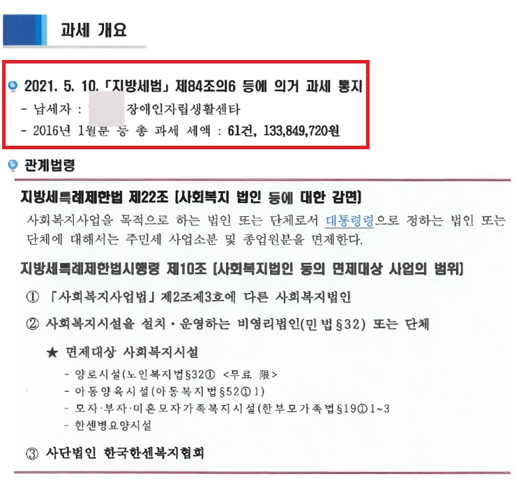 A장애인자립생활센터는 지난 2021년 5월, 관악구로부터 주민세종업원분 1억 3384만 9720원을 내라는 통지를 받았다. 
