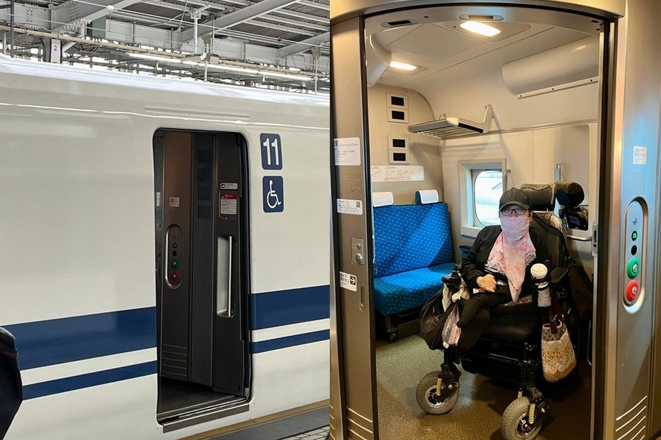 고속철도 문 옆에 표시되어 있는 휠체어 표지판(왼쪽). 이수미 대표가 열차 내부에 있는 휠체어 전용 공간에 들어가 있다(오른쪽). 사진 신지현 활동가 제공