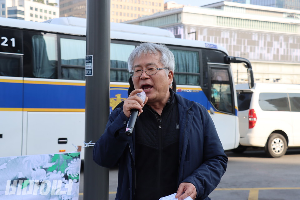 김병태 전국장애인차별철폐연대 장애해방열사정신계승위원회 위원장이 발언하고 있다. 사진 김소영