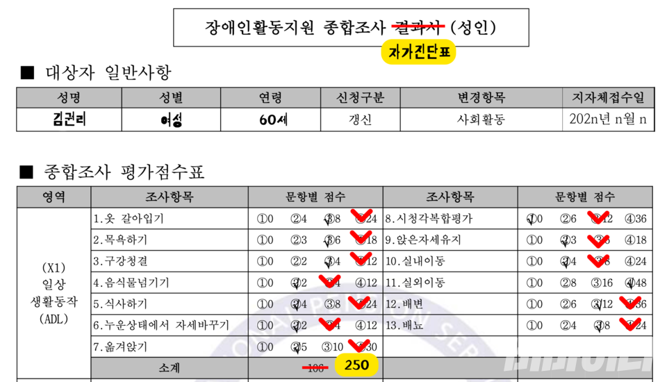 장애인들은 정보공개청구로 받은 종합조사 결과서에 자신이 다시 체크한 ‘자가진단표’를 만들어 주민센터에 제출했다. 장애인들의 발언을 토대로 재구성한 가상의 이미지. 장애인들이 실제 제출한 자가진단표와 관련 없다.
