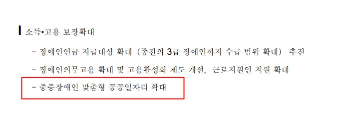 이재명정부의 최종 공약집에 ‘중증장애인맞춤형 공공일자리 확대’가 적혀 있다. 