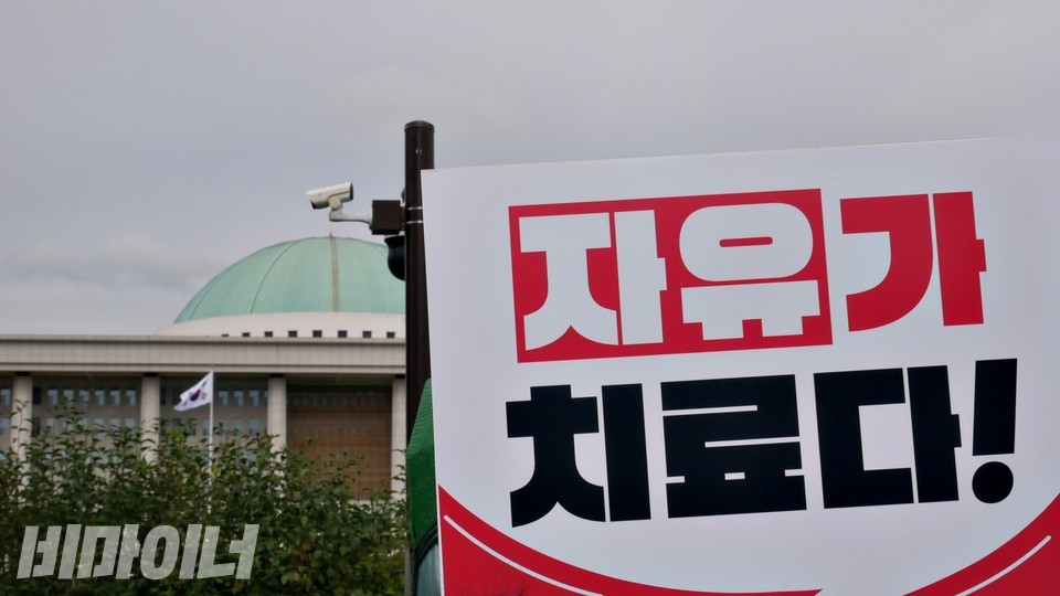 국회 앞 노숙투쟁 현장. “자유가 치료다”라고 적힌 피켓 뒤로 국회의사당 지붕이 보인다. 사진 하민지
