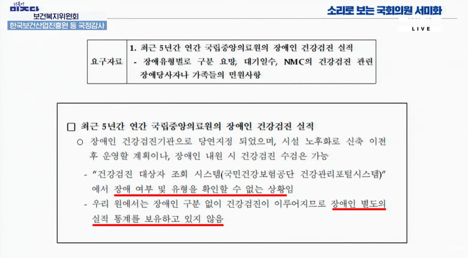 서미화 의원의 국정감사 발표 자료. 서 의원이 최근 5년간 연간 국립중앙의료원의 장애인 건강검진 실적 자료 제출을 요구했으나, 국립중앙의료원은 “장애인 별도의 실적 통계를 보유하고 있지 않다”고 답했다. 자료 유튜브 국회방송 생중계 캡처