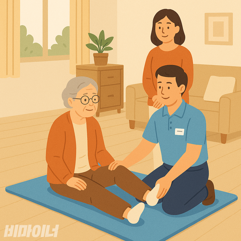작업치료사가 집에 방문해서 할머니의 무릎을 치료하고 있다. 일러스트 chatGPT