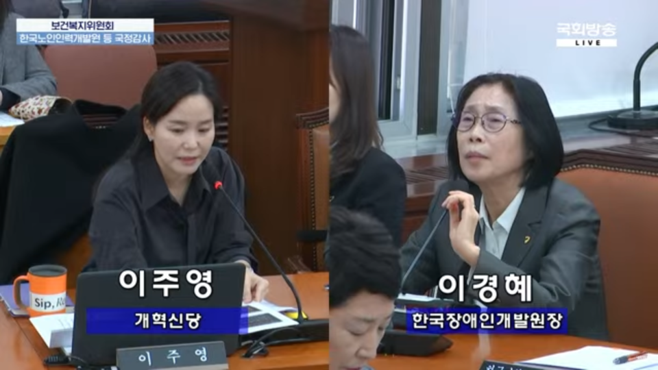 28일 국회 복지위 국정감사 현장. 이주영 개혁신당 의원(왼쪽), 이경혜 한국장애인개발원장(오른쪽). 