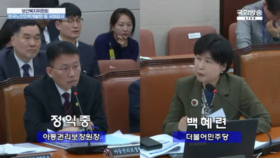 28일 국정감사 현장. 정익중 아동권리보장원장(왼쪽), 백혜련 더불어민주당 국회의원(오른쪽).