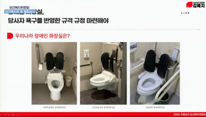 김예지 국민의힘 의원이 국정감사에서 자료로 제출한 국회의원회관, 국민연금공단, 이룸센터 화장실 변기. 화장실 변기에 등받이가 설치돼 있다. 사진 국회방송 캡처