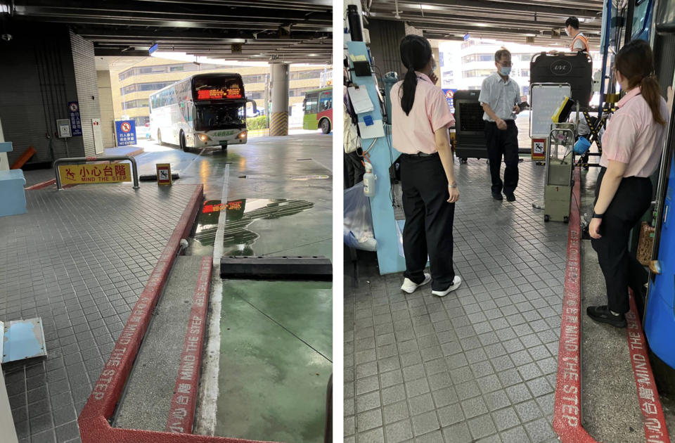 (왼쪽) 비어있는 타이베이 고속버스터미널 승차장. 모든 승차장이 한국보다 더 길게 되어있다. (오른쪽) 승차장에 고속버스의 휠체어 리프트가 내려와 휠체어 이용자를 탑승시키고 있다. 사진 전국장애인이동권연대 경남지부