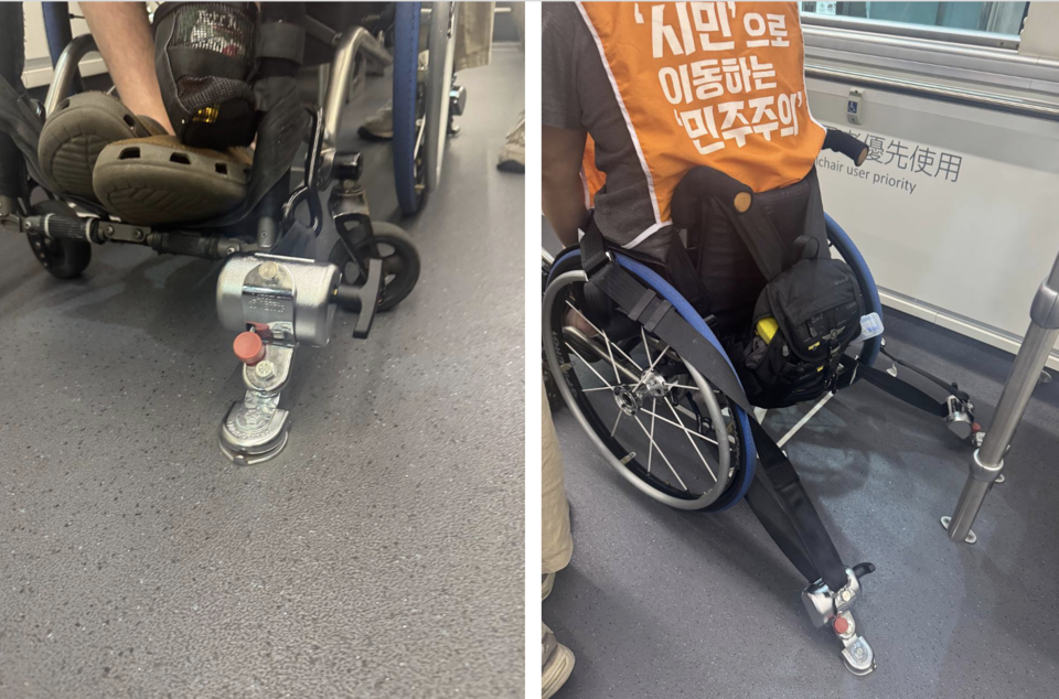 휠체어 이용자가 고속버스에 탑승하면 버스 운수종사자가 앞뒤로 안전벨트를 채워준다. 사진 전국장애인이동권연대 경남지부