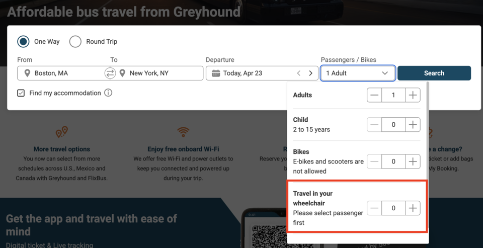 그레이하운드 사의 홈페이지. 승객을 선택할 때 휠체어 이용자를 별도로 선택할 수 있다. 사진 그레이하운드(Greyhound)