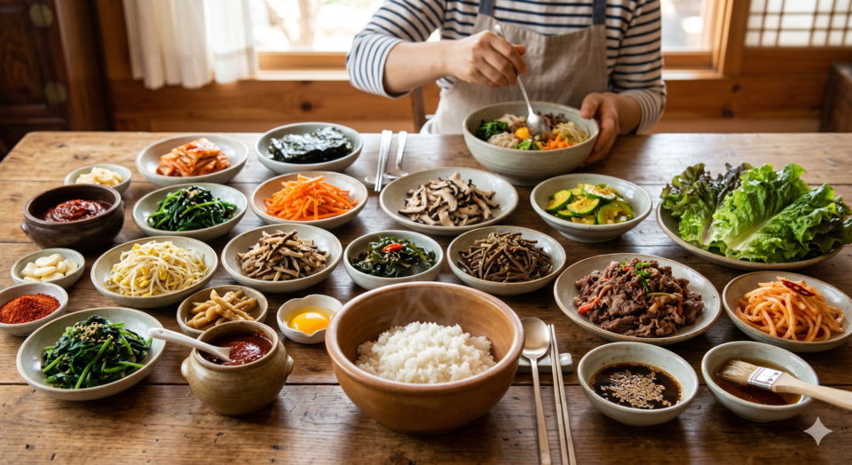 잘 차려진 비비밤 한 상. 여러가지 재료들이 접시에 각각 담겨 있다.  AI 이미지