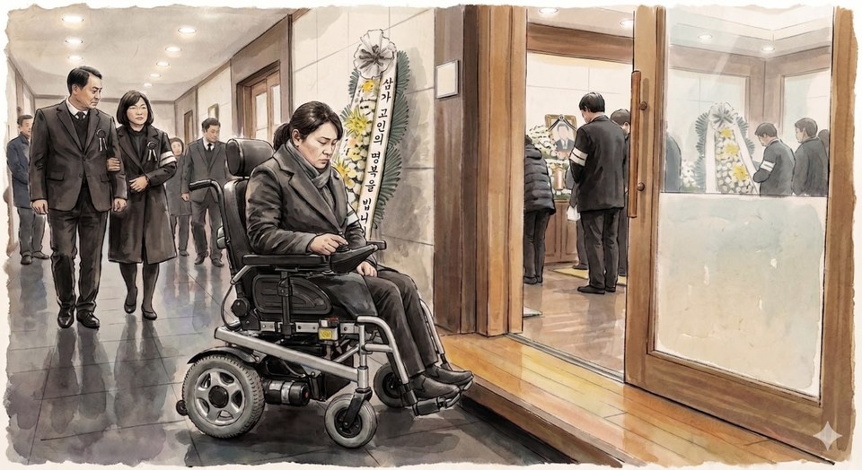 장례식장 문턱으로 인해 빈소에 들어가지 못하고 있는 전동휠체어 이용 장애인을 표현한 AI 이미지. 사진  Google Gemini