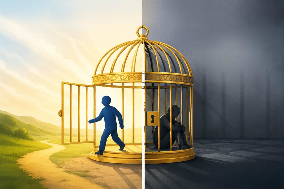 금색으로 된 새장. 왼쪽 편은 문이 열려 사람이 나오고 있고, 반대쪽은 잠겨 있어 사람이 나오지 못하고 쭈그려 앉아 있다. 이미지 제작 ChatGPT
