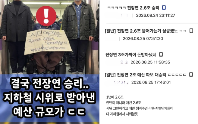 SNS 및 온라인 커뮤니티에 게시된 왜곡된 정보들. 오른쪽은 한 인스타그램 게시물의 썸네일로 "결국 전장연 승리...지하철 시위로 받아낸 예산 규모가 ㄷㄷ"이 적혀있다. 일간베스트, 디씨인사이드 등의 커뮤니티에는 "ㅋㅋㅋㅋㅋ전장연 2.6조 승리", "전장연 2.6조 뜯어가는거 성공했노 ㅋㅋ", "전장연 3조 가까이 돈 받아냈네", "전장연 2조 예산 확보 대승리 ㄷㄷㄷㄷㄷ"등의 제목으로 게시글이 올라왔다. 자료 인스타그램, 일간베스트, 디씨인사이드
